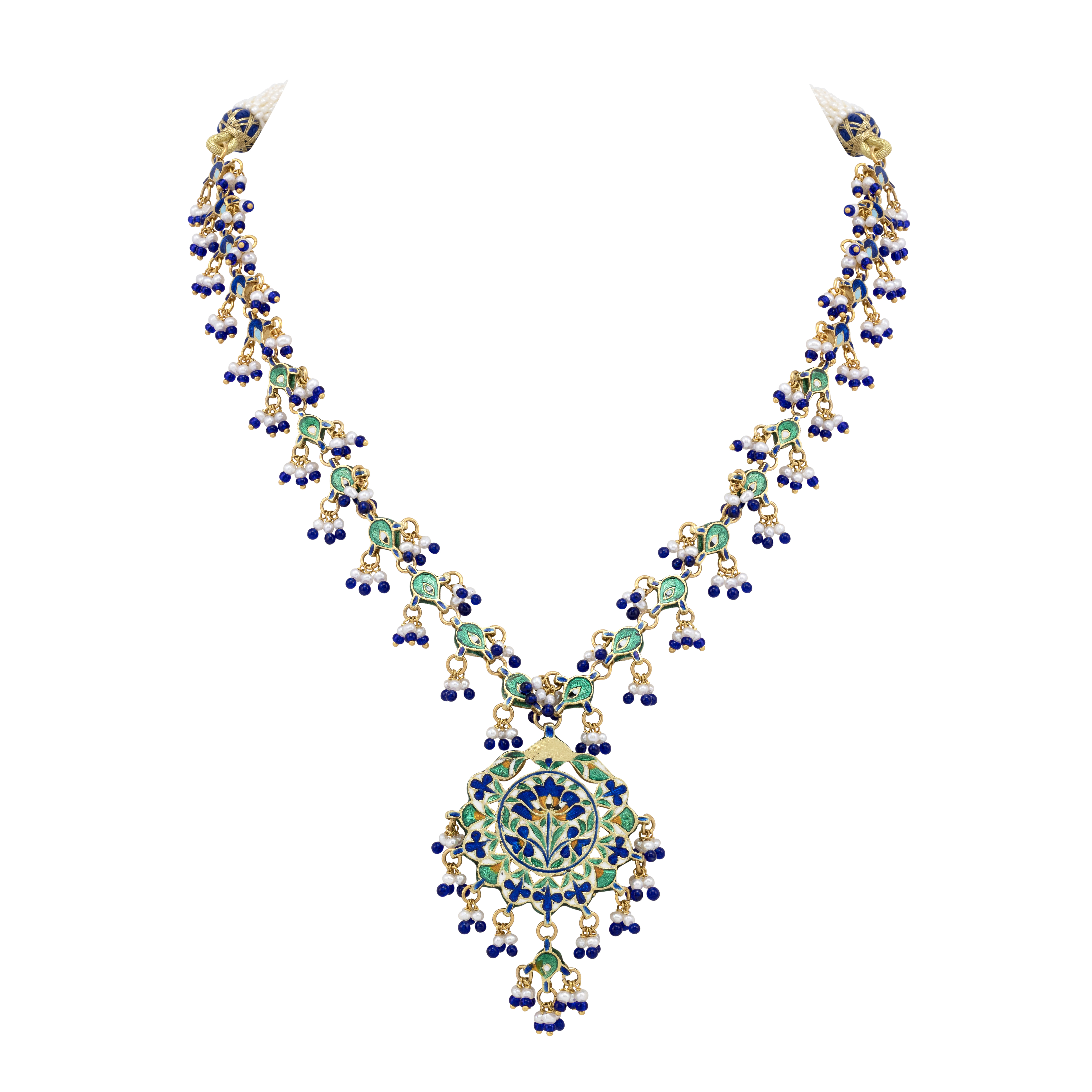 Blue Enamel Polki Necklace with Pearl and Bead Accents